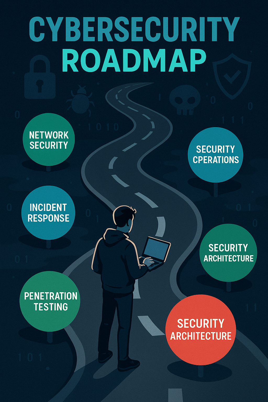 Digital illustration of a cybersecurity roadmap with lock and path icons, representing career progression in 2025.